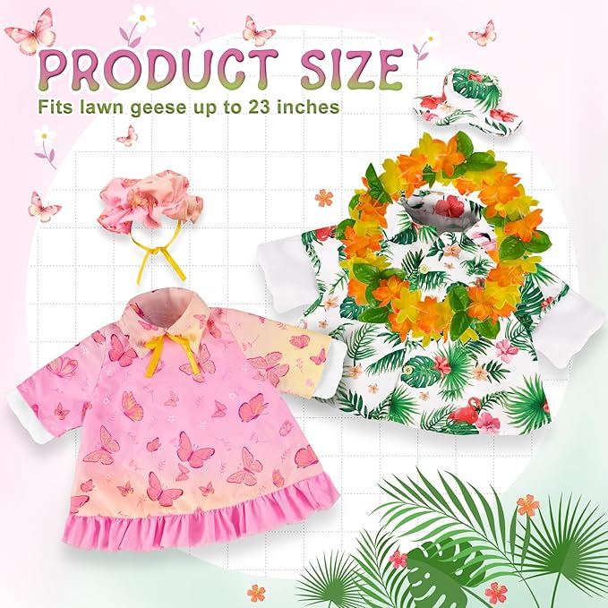 2 Sets Seasonal Porch Goose Outfits for Spring&Summer,Butterfly&Hawaiian Porch Goose Clothes for 23" H Outdoor Yard Lawn Garden Decoration