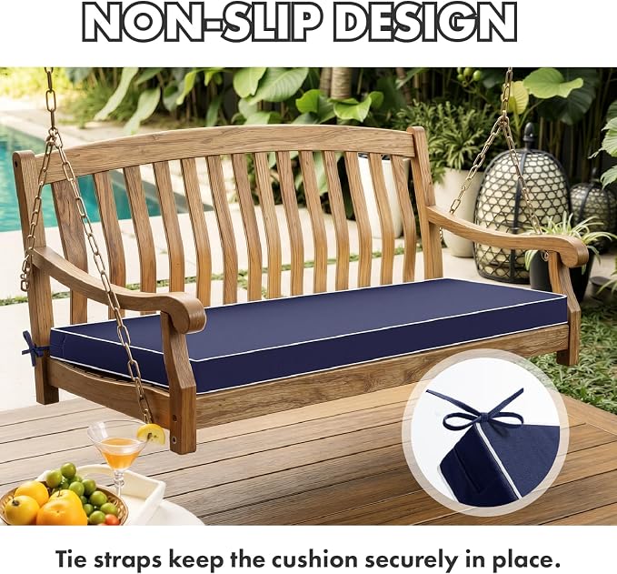 MIULEE Navy Outdoor Bench Cushion 45x18x3 Inch Waterproof 3-Year Color Fastness Patio Furniture Cushions for Porch Swing, Garden Bench Sofa Couch with Adjustable Ties No Slip Design