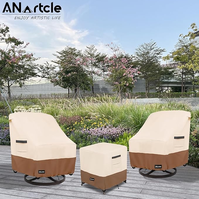 ANartcle 3 Pieces Patio Bistro Sets Cover,600D Waterproof Heavy Duty Patio Furniture Covers,Includes 2 Outdoor Swivel Chair Covers and 1 Patio Wicker Side Table Cover(Beige&Brown)