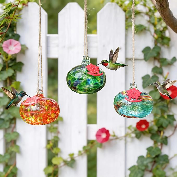 QFkris Blown Glass Hummingbird Feeder for Outdoors Hanging, Small Hummingbird Feeder with Flower Feeding Ports for Outside Garden Backyard Decor, Gifts for Women Mom(Green)