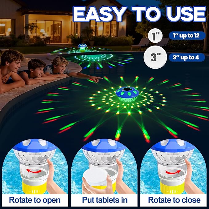 AquClor Chlorine Floater with Light,Pool Chlorine Floater with Adjustable Flow,Solar Chlorine Floater w/Large Capacity,Collapsible Floating Chlorine Dispenser for Pool,Hot Tub Chlorine Floater,Yellow