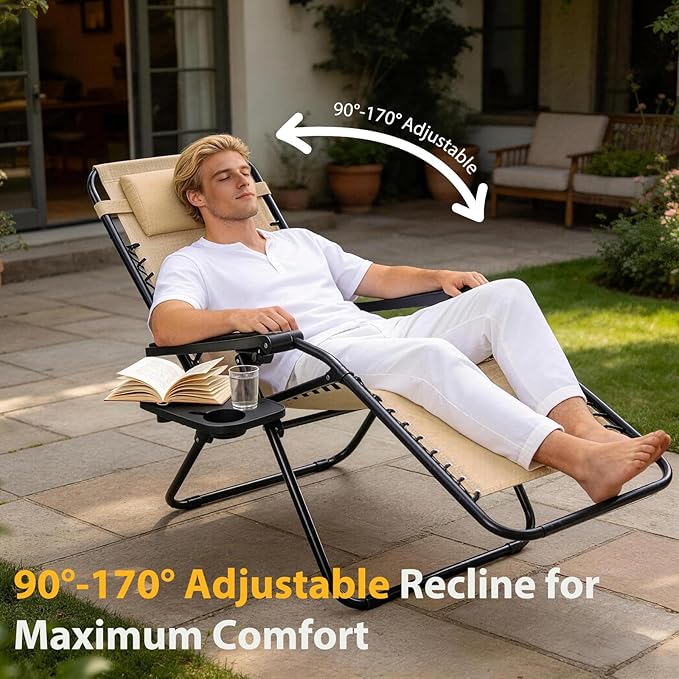 NEWBULIG Zero Gravity Chair Set of 4, Lounge Chair Folding Portable Adjustable Camping Reclining Chairs with Adjustable Pollow, Mesh Back, Cup Holder Trays Lawn Patio Chair for Pool Beach - Tan