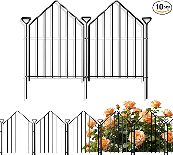 Decorative Garden Fence 17in x10ft, 10 Panels Rustproof Metal No Dig Fence Animal Barrier, Roof Shaped Flower Bed Edging Ornamental Wire Border Panel Fencing for Yard Patio Outdoor Decor