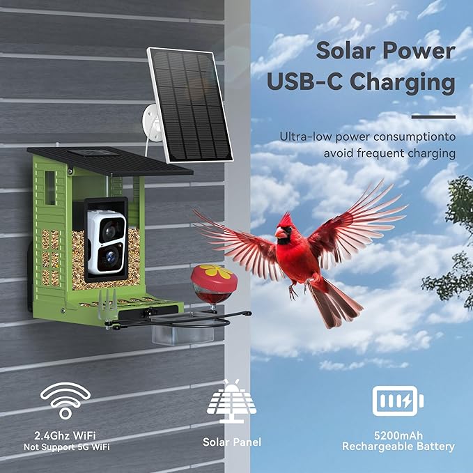 Rayki Metal Solar Powered Smart Bird Feeder with Camera, AI Identify with Solar Lights, 2K HD Cam & WiFi, Instant Arrival Alerts,Ideal Gift for Bird Lovers