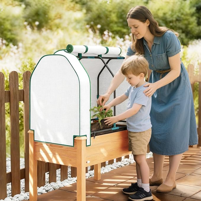 Outsunny Raised Garden Bed with PE Greenhouse Cover Outdoor Elevated Wood Planter Box for Herbs and Vegetables, Use for Patio, Backyard, Balcony, 35 x 22 x 47 inch, Sand