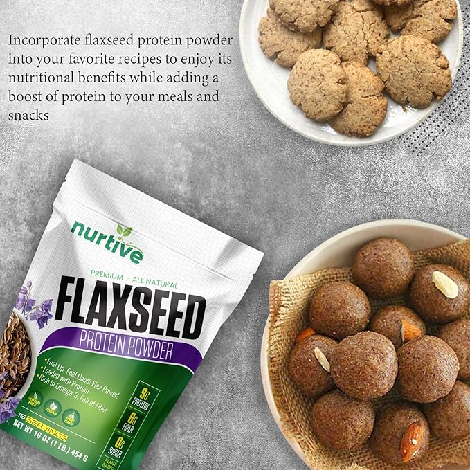 Flaxseed Protein Powder - Plant-Based, Rich in Omega-3 and Antioxidants - Ideal for Post-Workout Recovery - Nutritional Boost for Smoothies & Baking - Non-GMO & Gluten-Free (16 oz / 454g)