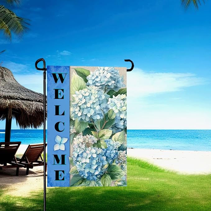 Hydrangea Garden Flags Welcome Spring Summer Yard Flag Waterproof Blue Floral Garden Flag for Outside Double Side Burlap Flowers House Banner Decor Standard Size 12×18 Inch