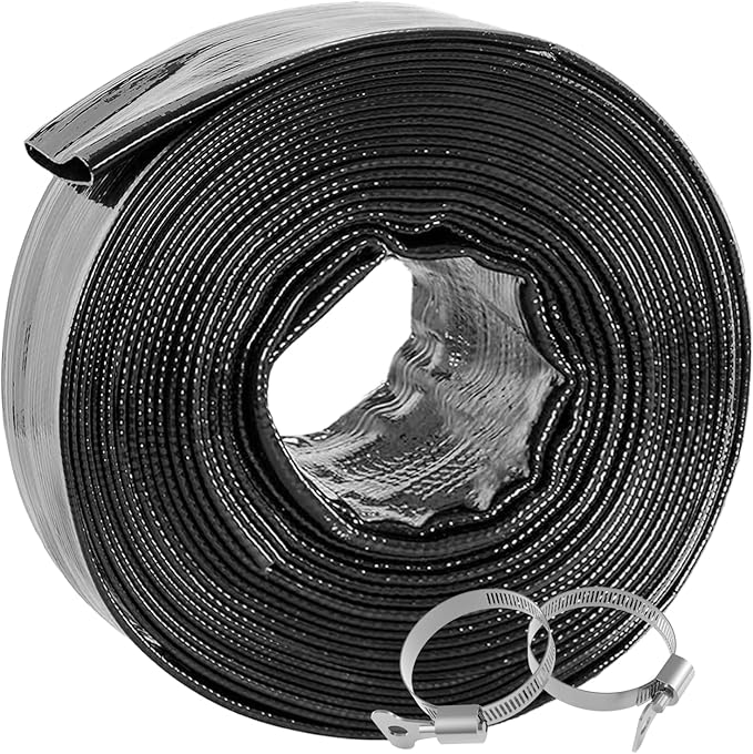 Poolvio Backwash Hose 1-1/2" x 50 ft, Heavy-Duty Lay-Flat Reinforced PVC Discharge Hose with 2 Stainless Steel Thumb Screw Clamps, Leak-Resistant for Inground & Above-Ground Pool Filters