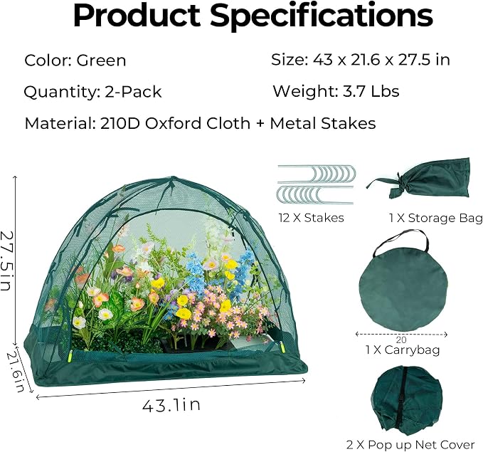 Pop up Gardening Net Cover,44x21.6x31.5 inches Pack of 2,Pest Guard Cover for Vegetables Fruits Durable Plant Gardening Net, Pop-Up Chicken Pen for Small Animals Outdoor Run and Pet Enclosure