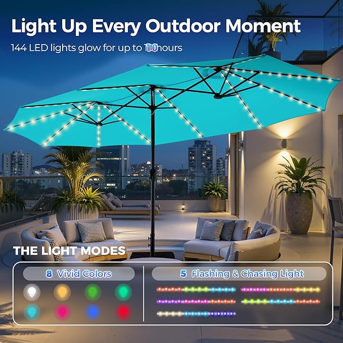 SUPERJARE 15ft Large Patio Umbrella with Base included, Double Sided Outdoor Umbrella with Solar Lights, Pool Umbrella with Fade Resistant Canopy for Deck, Porch, Yard, Balcony, Light Blue