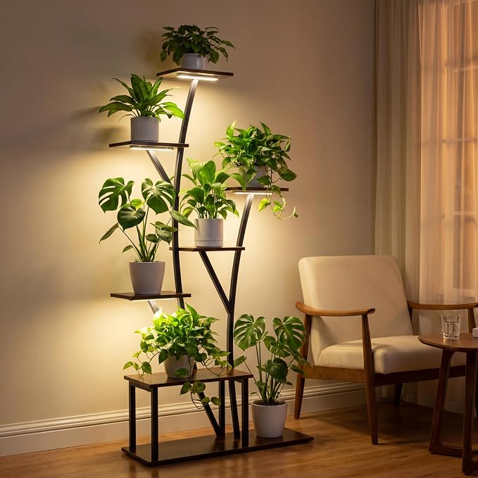 Quikraen 7 Tier Tall Plant Stand with Grow Light For Indoor Plants Growing 60in Indoor Flower Stand Tree-Shaped Plant Shelves for Living Room Patio Black