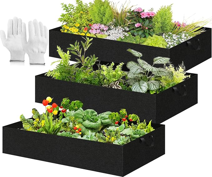 3 Sets 4 x 2 x 1 ft Thick Raised Garden Bed Liner Bags, Breathable Drainage Rectangle Grow Bag with Glove for Wooden Metal Frames, Outdoor Plants Growth Keep Soil Isolation (No Garden Bed)