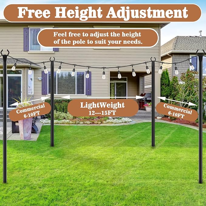 NUERPO 6 Pack String Light Poles,Metal Poles for Hanging Outdoor Light Strings,6 Pack 10 FT Light Poles Stand for Outside Garden,Patio,Wedding,Backyard,Deck,Party