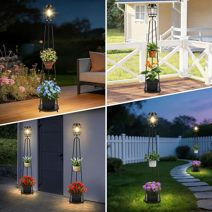 TOWPONICS 2-Pack 52.4'' Solar Lights Outdoor with Plant Stands, Solar Floor Lamp with Planter & LED Edison Bulbs, Patio Lights Outdoor Waterproof Garden Decor, Yard Porch Balcony Decoration