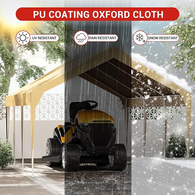 12'x20' Heavy Duty Carport Outdoor Car Canopy UV Resistant Waterproof Party Tent All-Season Portable Garage Gazebo Shelter for Car, Storage Shed, Khaki