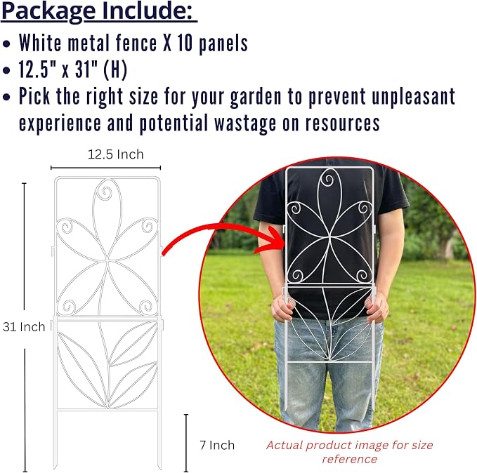 ShopLaLa Garden Fence (10 Panels) 12.5in(L) x 31in(H) Rustproof White Metal Wire Decorative Floral Flower Bed Edging for Landscape, Animal Barrier Fencing Small Dog Yard Gate Fences Tall Outdoor Decor