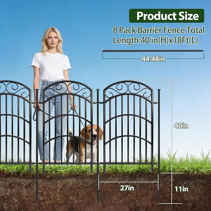 8 Panels Decorative Garden Fence, 40in(H)×18Ft(L) Heavy Duty Metal Outdoor Dog Fence Rustproof Square Tube No Dig Animal Barrier Border Fencing for Temporary Yard Patio Landscape