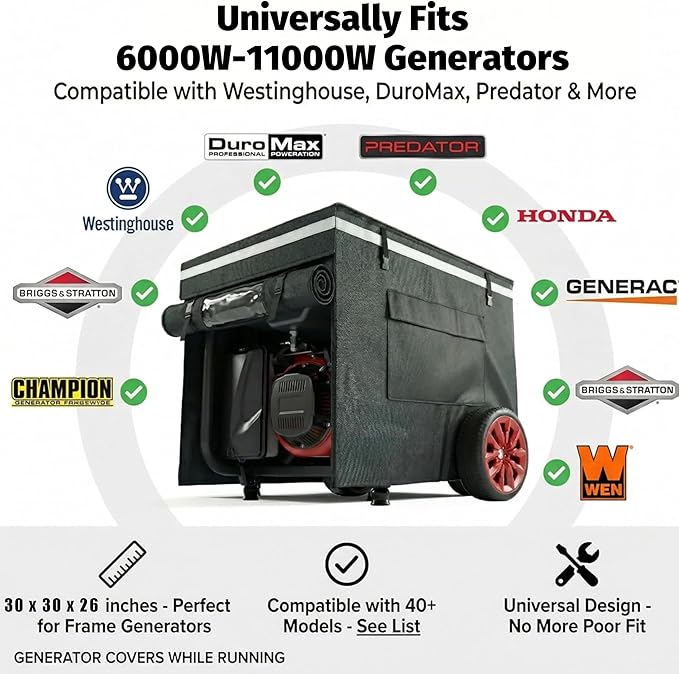 Generator Cover While Running, Portable Generator Cover for Outdoor Use, with Double Layer 900D Fabric, 30"L x 30"W x 26"H, Universal Fit for 6000W-11000W Frame Generators, Black