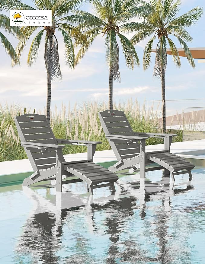 Ciokea Folding Adirondack Chair Set of 6 with Retractable Ottoman Fire Pit Patio Chair with Pull Out Foot Rest Weather Resistant Lawn Outdoor Chair with 2 Cup Holder (Grey)