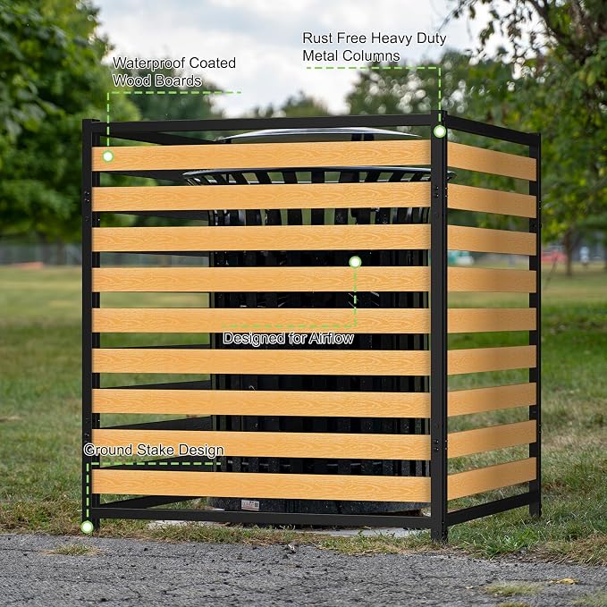 Air Conditioner Fence 1 Panel, Privacy Fence Screen 54.5" H × 39.4" W No-Dig Metal Wood Outdoor Pool Equipment Enclosure with Metal Stake, AC Unit Cover, Trash Bin Hider for Garden & Backyard