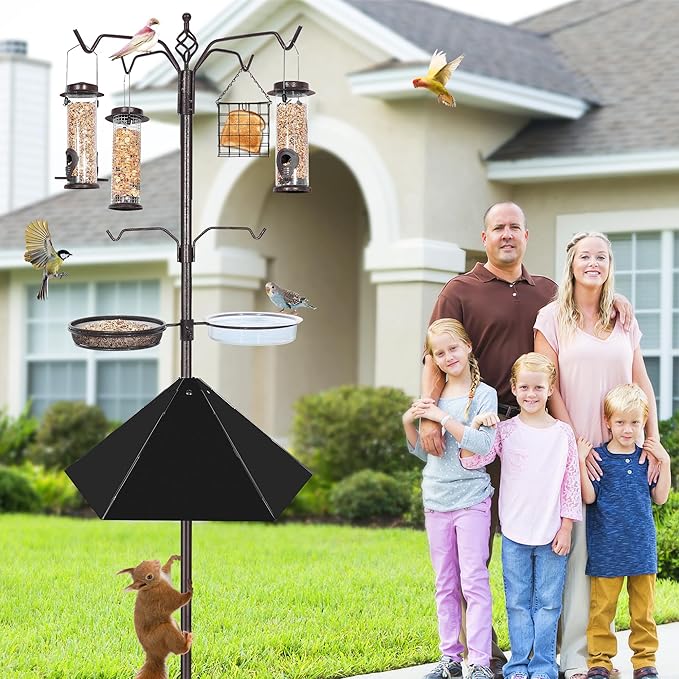 YINGYM 6-Hook Bird Feeding Station Kit, 94 Inch Heavy Duty Bird Feeder Stand Pole for Outdoors Hanging with 4 Feeders, Wide Metal Squirrel Baffle, Attracting Wild Birds