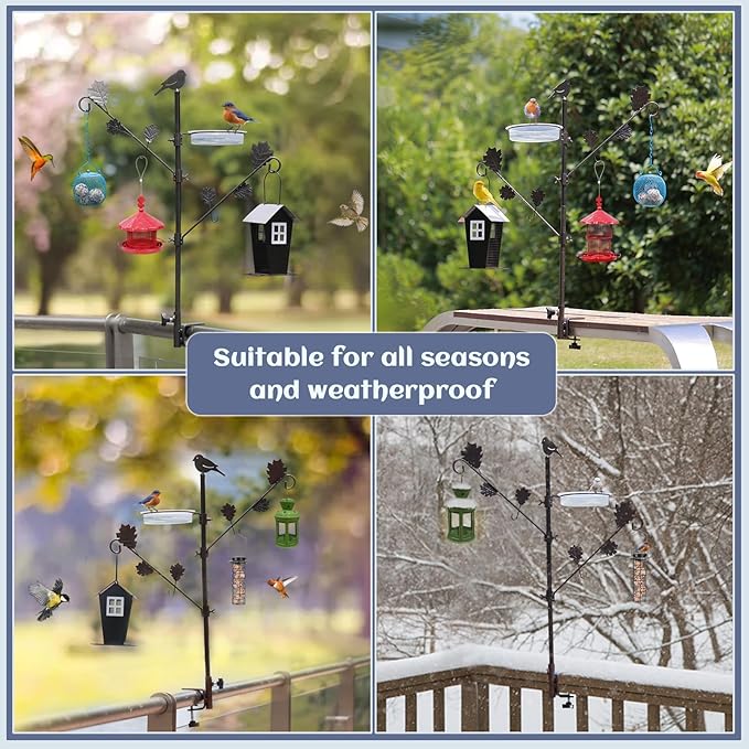 ERYTLLY Deck Bird Feeder Station Kit, Wild Bird Feeding Station for Outside Hanging Plants Holder Deck Pole Porch Multi-Hook Bird Feeder with Water Bowl for Attracting Birds