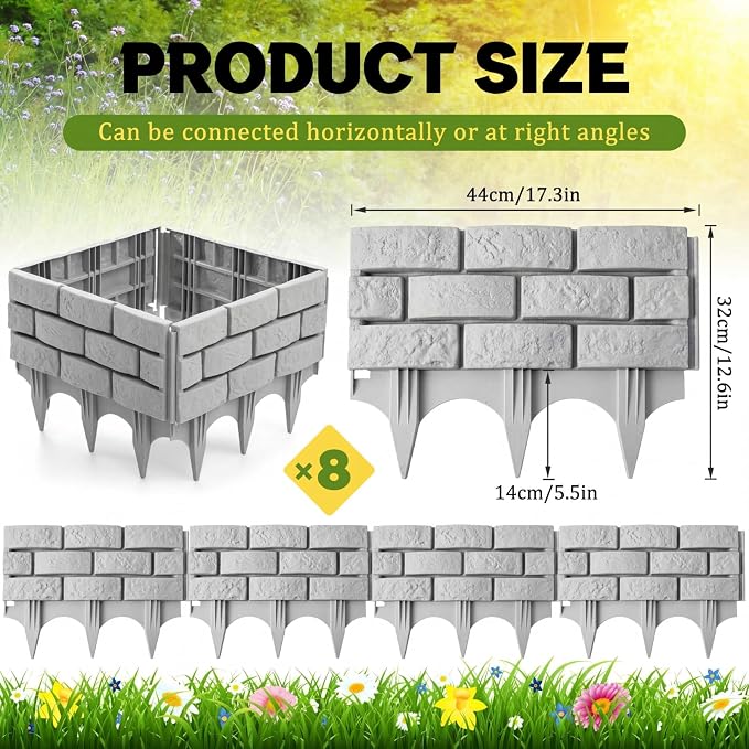 Landical 8 Pcs Imitation Stone Garden Fence, Faux Stone Retaining Wall Look Garden Bricks Border with Ground Stakes, 17.3 x 12.6 in Gray Plastic Edging Blocks for Flower Beds, Lawn, Mulch (Gray)