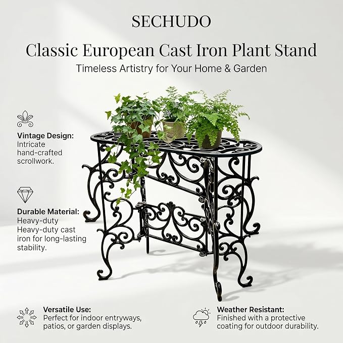 Vintage Scrollwork Cast Iron Plant Stand, 22.6 x 9.3 x 22 Inch, Heavy-Duty Oval Top, Indoor Outdoor Use (22.3" Tall Rectangle Pattern)