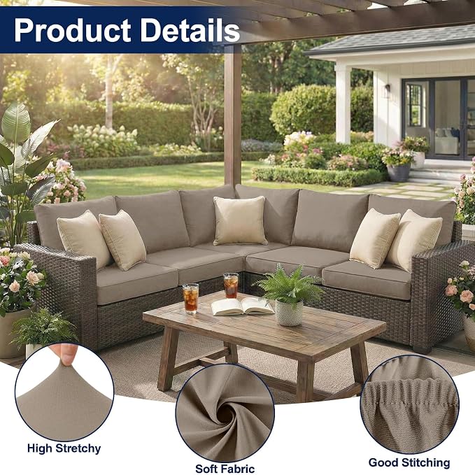 Smiry Waterproof Patio Cushion Covers, Stretch Outdoor Couch Slipcovers Replacement Washable Furniture Protector Sofa Chair Seat Cover for Dogs and Pets (4 Pcs, Taupe)