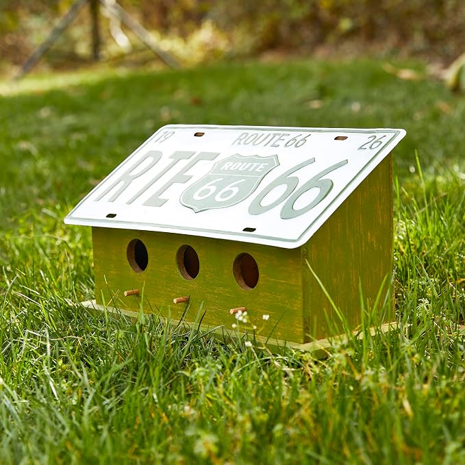 Glitzhome 14”L Wood Hanging Birdhouse for Outdoors, Licence Plate Route 66 Welcome Painted Bird House, Rustic Bird House for Bluebird Wren Sparrow, Bird Nest Box for Garden Patio, Washed Green