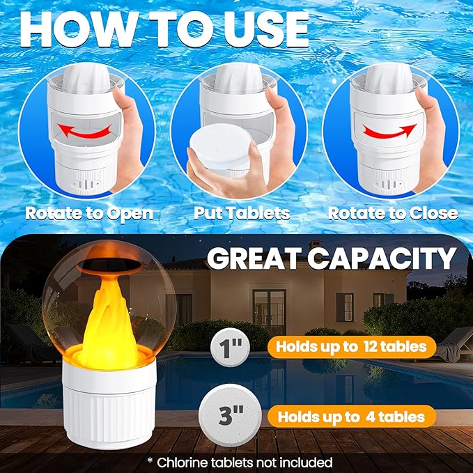 ChlorBlu Solar Chlorine Floater,Chlorine Floater with Solar Flame Light,Adjustable Release Floating Chlorine Dispenser for Pool,Large Capacity Pool Chlorine Floater,Chlorine Floater for Hot Tub(White)