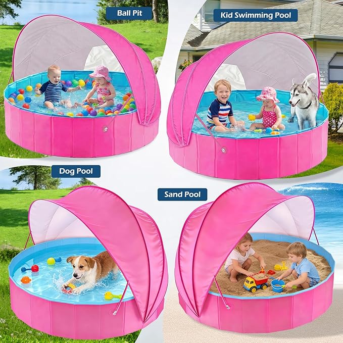Jasonwell Kiddie Baby Pool with Canopy - Foldable Infant Toddler Kids Pool with Shade Baby Beach Essentials Tent Swimming Wading Pools for Toddlers 1-3 + Kids Dogs Ball Pit Backyard Water Play R, 40"