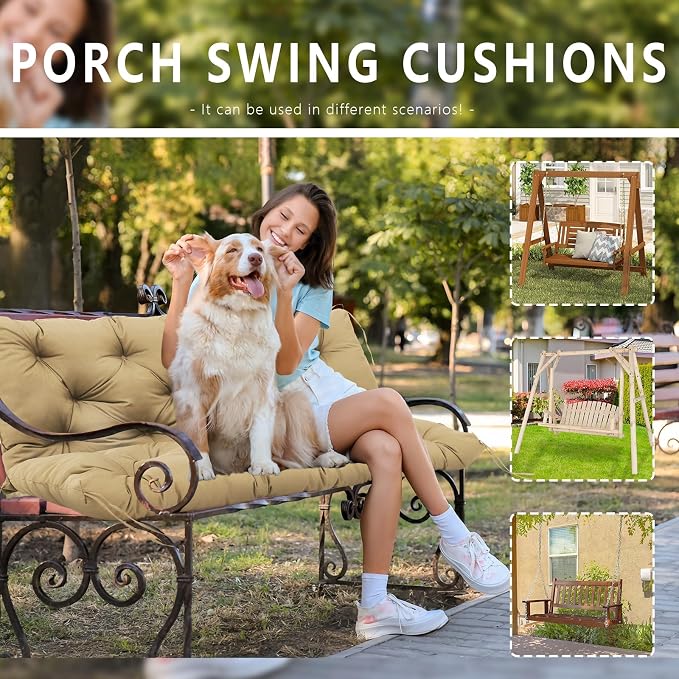 Porch Swing Cushions 48 inch 2 Seater Waterproof Outdoor Replacement Cushions with Backrest Thicken 5" Cushions for Porch Swing for Patio,Outdoor,Backyard and Garden(Khaki 48×40×5inch)