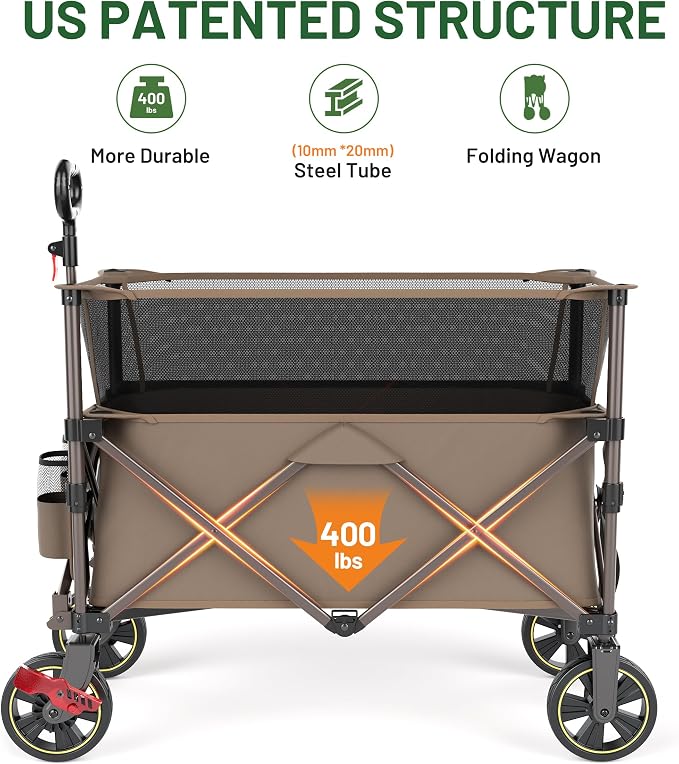 Timber Ridge 350L Extra Large Collapsible Folding Wagon Carts with Brake, Heavy Duty Outdoor Camping Utility Wagons with Extended Height, Adjustable Handle, Cup Holders, Side Bag(Tan)
