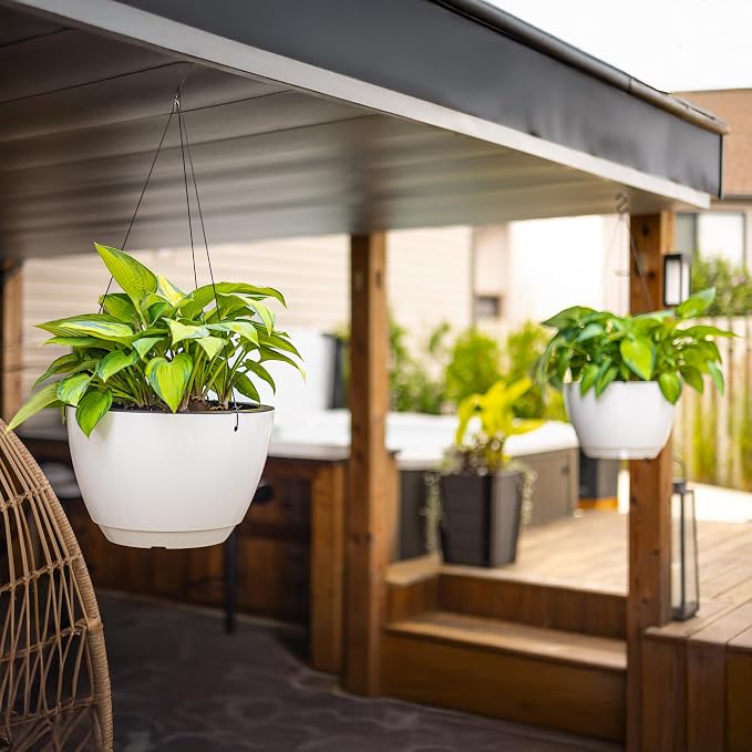 Mayne Caprio Self Watering Hanging Planter Set, 2 Pack - Sturdy, Lightweight Planters for Indoor and Outdoor Use, with Water Level Indicator and Drainage System, Basket for Flowers, White