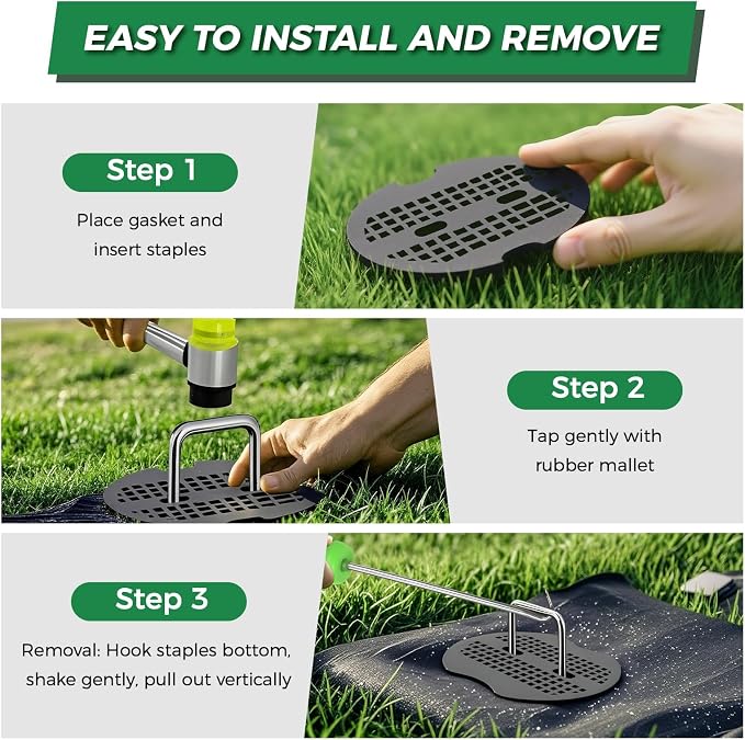 50Pcs Garden Staples +50Pcs Gasket +Pick Hook +Rubber Mallet, 6 Inch Landscape Fabric Stakes Galvanized Weed Barrier Stakes 11 Gauge Landscape Pins U Shape Lawn Staples for Yard, Sod, Turf, Green