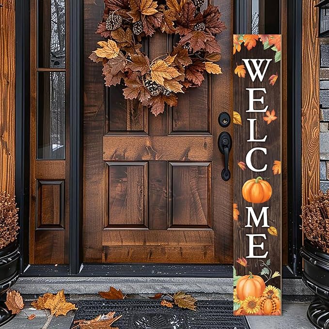 Fall Welcome Sign For Front Porch Fall Porch Sign Maple Leaf Pumpkin Sunflower Thanksgiving Decor Indoor Outdoor Autumn Wooden Vertical Sign For Patio Front Door Porch Wall Yard