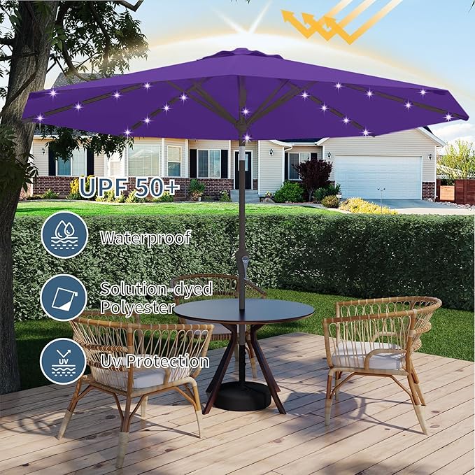 9FT Patio Umbrella with Solar Lights,Outdoor Market Umbrella with Tilt and Crank, LED Lighted Table Umbrella for Garden,Deck,Backyard,Pool,Beach