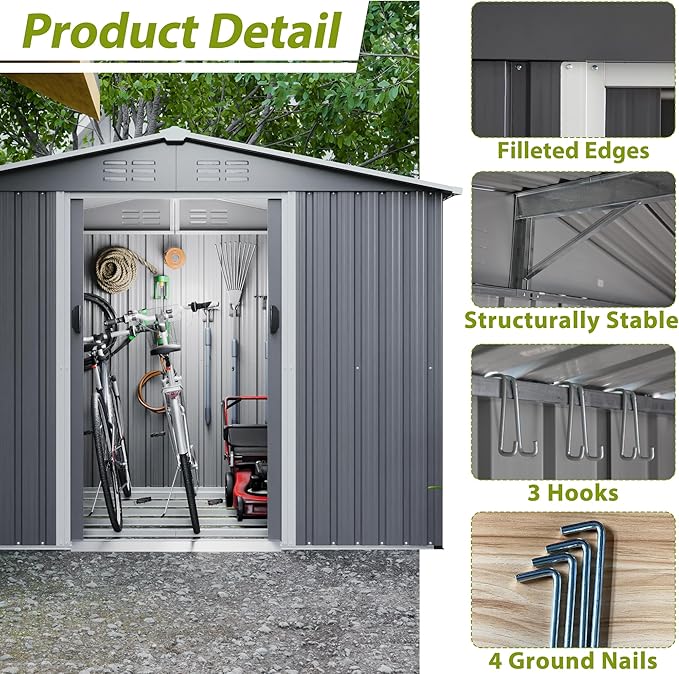 YOPTO 8X6 FT Outdoor Storage Shed with Roof,Waterproof House Tool Cabinet W/Metal Foundation & Lockable Doors,for Shovels,Umbrellas,Antennas,Escalators,Gray