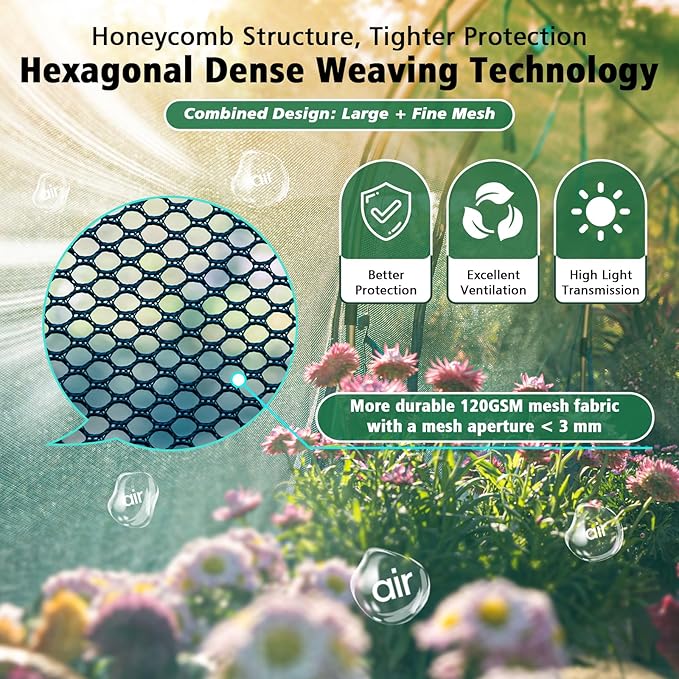 12.3'x4'x4' Crop Cage Portable Tunnel Plant Netting Cover Tomato Netting, 6 Roll-Up Zipper Door Garden Cage, Bug Netting Cover for Vegetables & Fruits, Durable Raised Garden Bed Covers