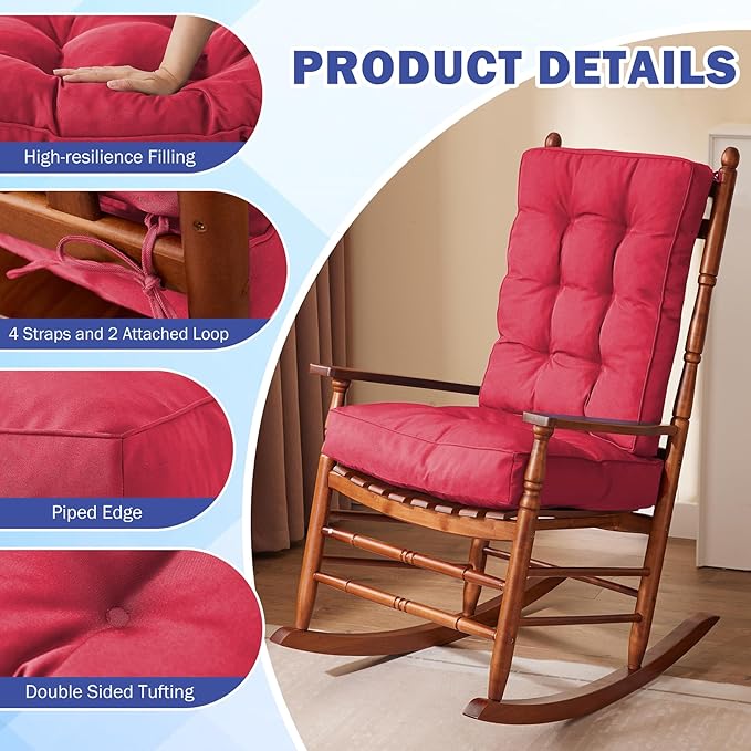 IPYNBAP Rocking Chair Cushion, Waterproof and Fade-Resistant Patio Chair Cushions, Tufted Chair Pads for Rocker Furniture, 17x17 Inch, Indoor/Outdoor Seat Cushions with Ties, Burgundy