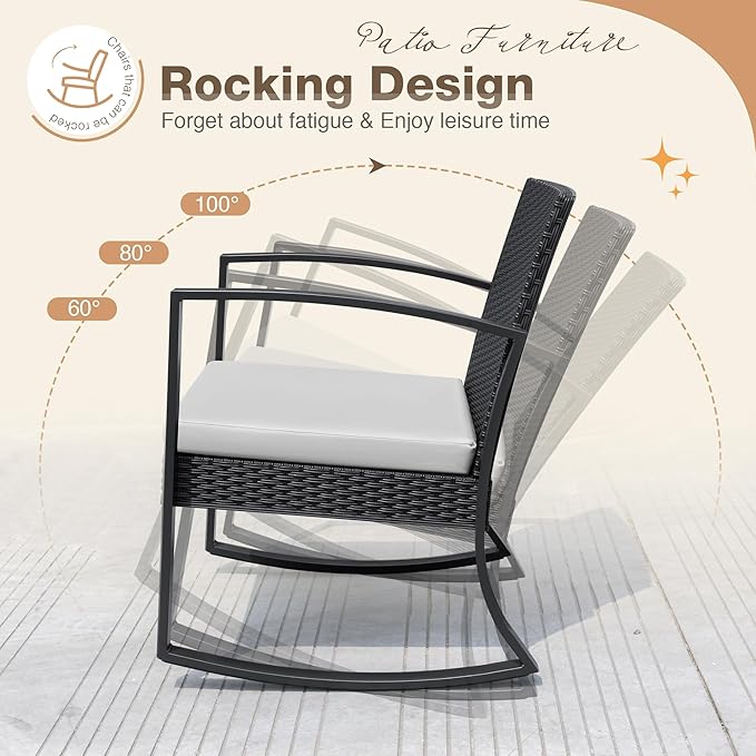 Greesum 3 Pieces Outdoor Furniture Set Patio Bistro Rocking Chairs with Glass Coffee Table for Pool Beach Backyard Balcony Porch Deck Garden, Bright White