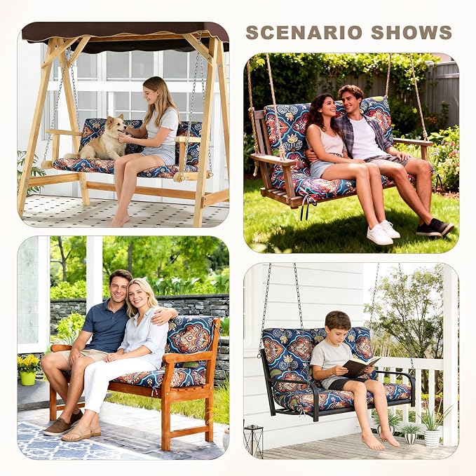 Porch Swing Cushion with Backrest,Waterproof Bench Cushion for Outdoor Furniture,2-3 Seater Replacement Thickened Swing Cushion with Ties,Patio,Outdoor,Backyard and Garden (Bohemian,40x40)