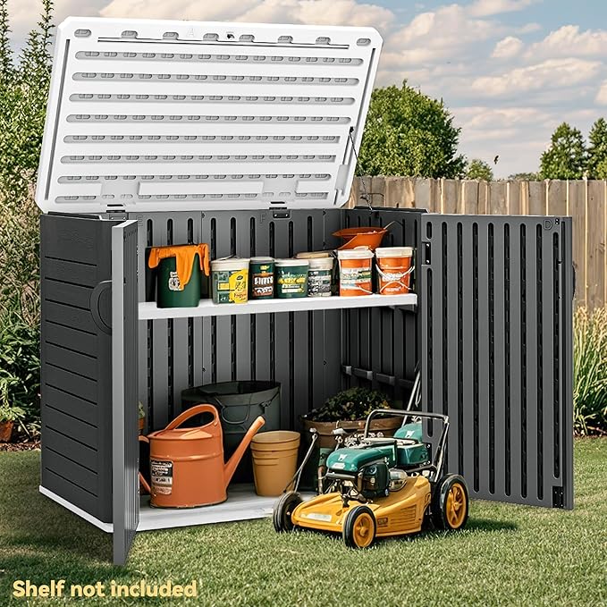 DWVO 35 Cu Ft Outdoor Storage Shed with Unique X-Shaped Lockable Door, Weatherproof Resin Tool Shed w/o Shelf for Gardening & Lawn Equipment, Dark Gray