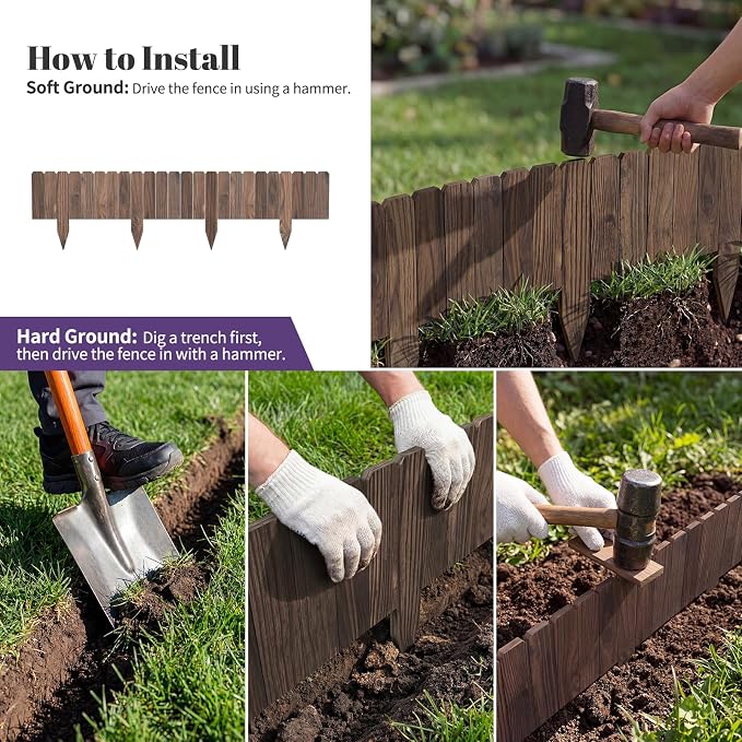 Garden Wooden Fence Edging, Burnt Wood Finish, Fir Wood,Outdoor Lawn Landscape Border (3, 7.87" Height)
