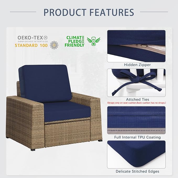 Favoyard Outdoor Deep Seat Cushion Set, 19 x 19 Inch Rainproof & 3-Year Fade Resistant Patio Furniture Cushions, Removable Seat Bottom & Back Cushion Covers with Ties for Chair, Sofa, Couch, Blue