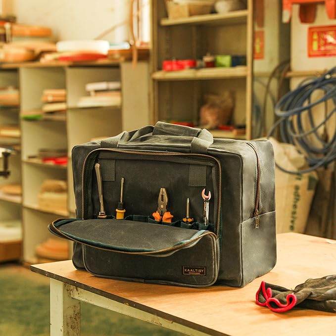 Tool Tote | Heavy Duty 16oz Waxed Canvas Tool Storage Bag - Portable 3 Pockets Tote Bag with Padded Handle& Metal Zipper, for Craftsman Gardener Carpenter Mechanic | 15.5"L x 7.5"W x 11.5"H