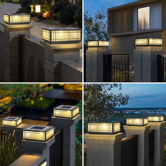 SLAWA Solar Post Light Fixture Exterior Pillar Light with LED Solar Power Column Caps Lamps Aluminum Waterproof Glass Fence Post Caps Lights Black Square Outside House Yard Lawn Deck Post Lanterns