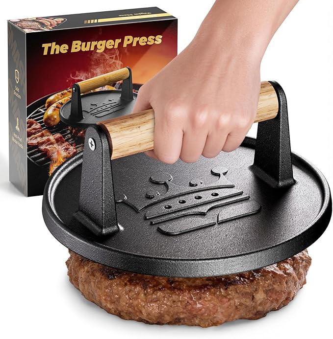 Smash Burger Press 6.5”, Cast Iron Flat Round Edge Grill/Bacon/Meat/Hamburger/Chef Press with Wood Handle, 1.74lb Hamburger Press Patty Maker, Nonstick Burger Smasher for Blackstone Griddle