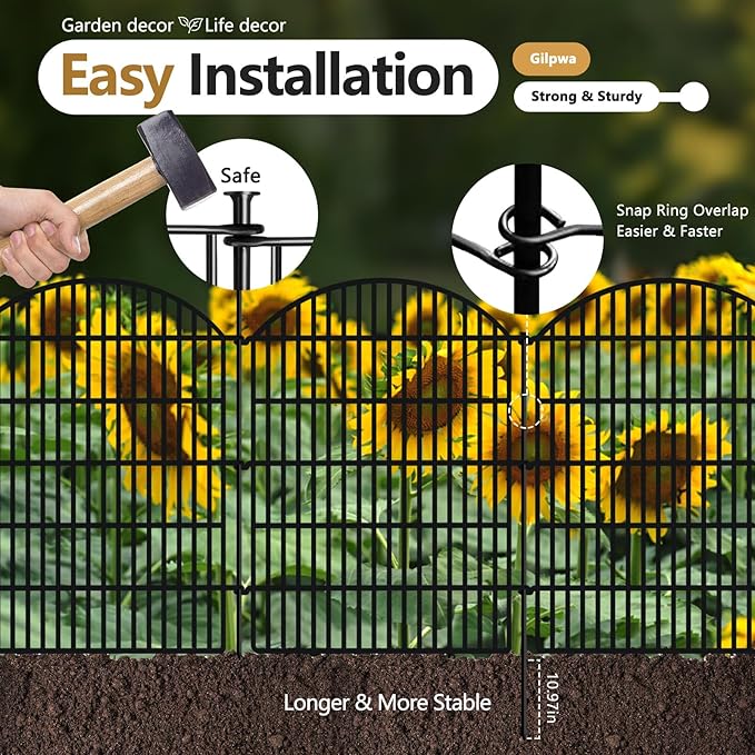 10 Panels Decorative Garden Fence, 40in (H) X 24ft (L) No Dig Dog Fences Outdoor for Yard, Rustproof Tall Metal Fencing Panels, Animal Barrier Suitable for Yards Border, Patio, and Outdoor Use